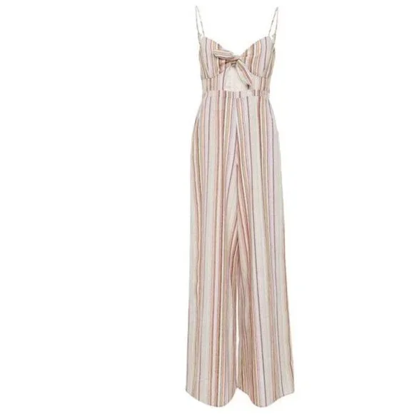 6 Shore Road Bayside Linen Striped Wide Leg Jumpsuit w Tie & Keyhole Front XS